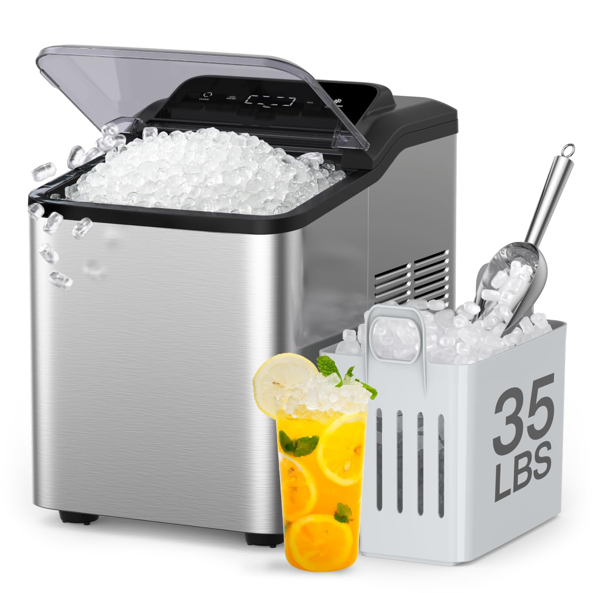 Fast Nugget Ice Maker Countertop with Self-Cleaning Pump, 35lbs/24H Crushed Pebble Ice Machine with Pellet Ice, 8 Packs Cleaner, Dual Ice Scoops for Home, Kitchen, Party, RV, Stainless Steel
