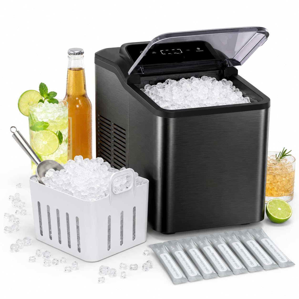 Fast Nugget Ice Maker Countertop with Self-Cleaning Pump, 35lbs/24H Crushed Pebble Ice Machine with Pellet Ice, 8 Packs Cleaner, Dual Ice Scoops for Home, Kitchen, Party, RV, Stainless Steel