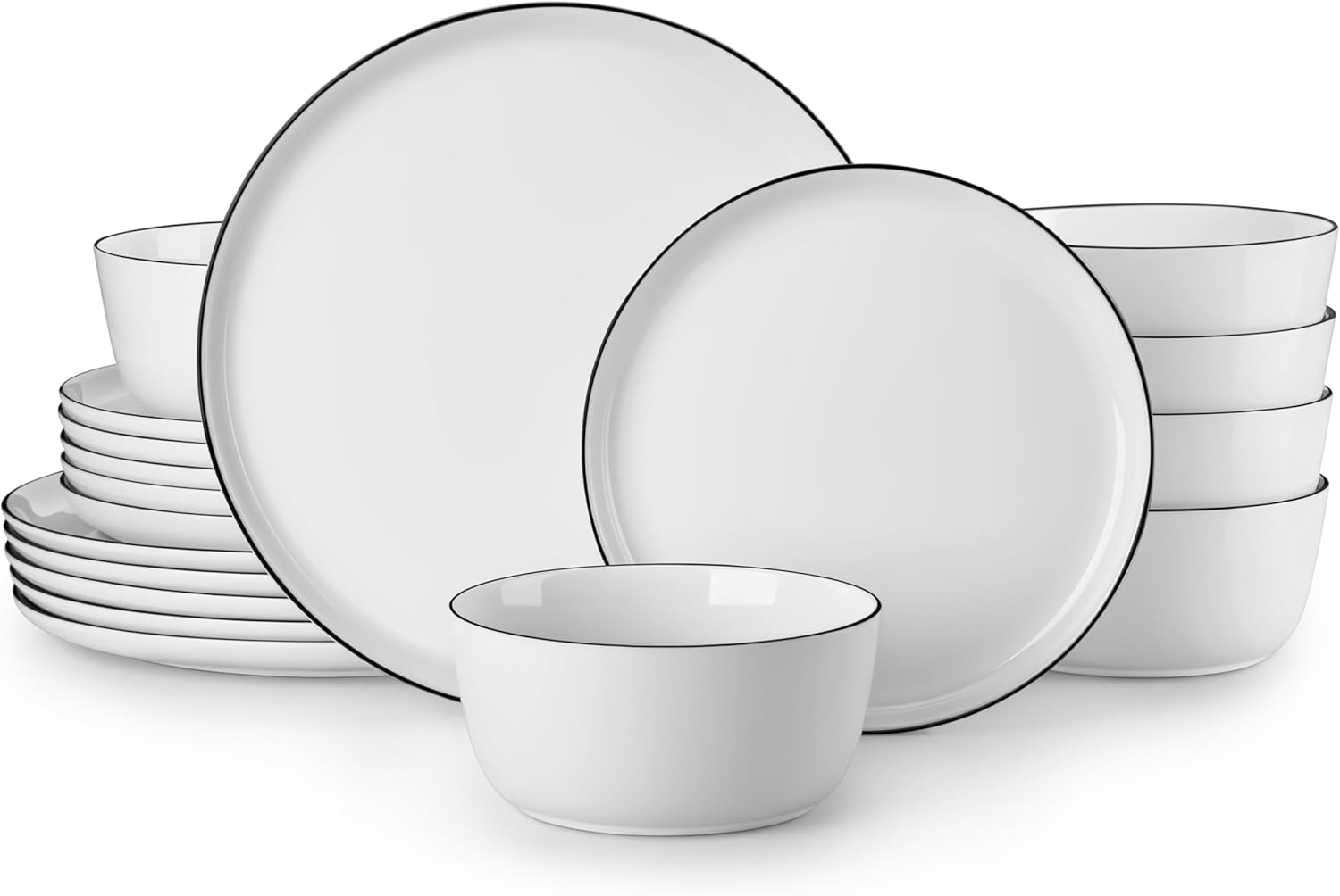 24 Pieces Gourmet Porcelain Dinnerware Sets, Premium Plates and Bowls Set, High-Fired Dishes Set for 8, Chip & Scratch Resistant, Microwave Dishwasher Safe, White & Black Rim, Series LEXI