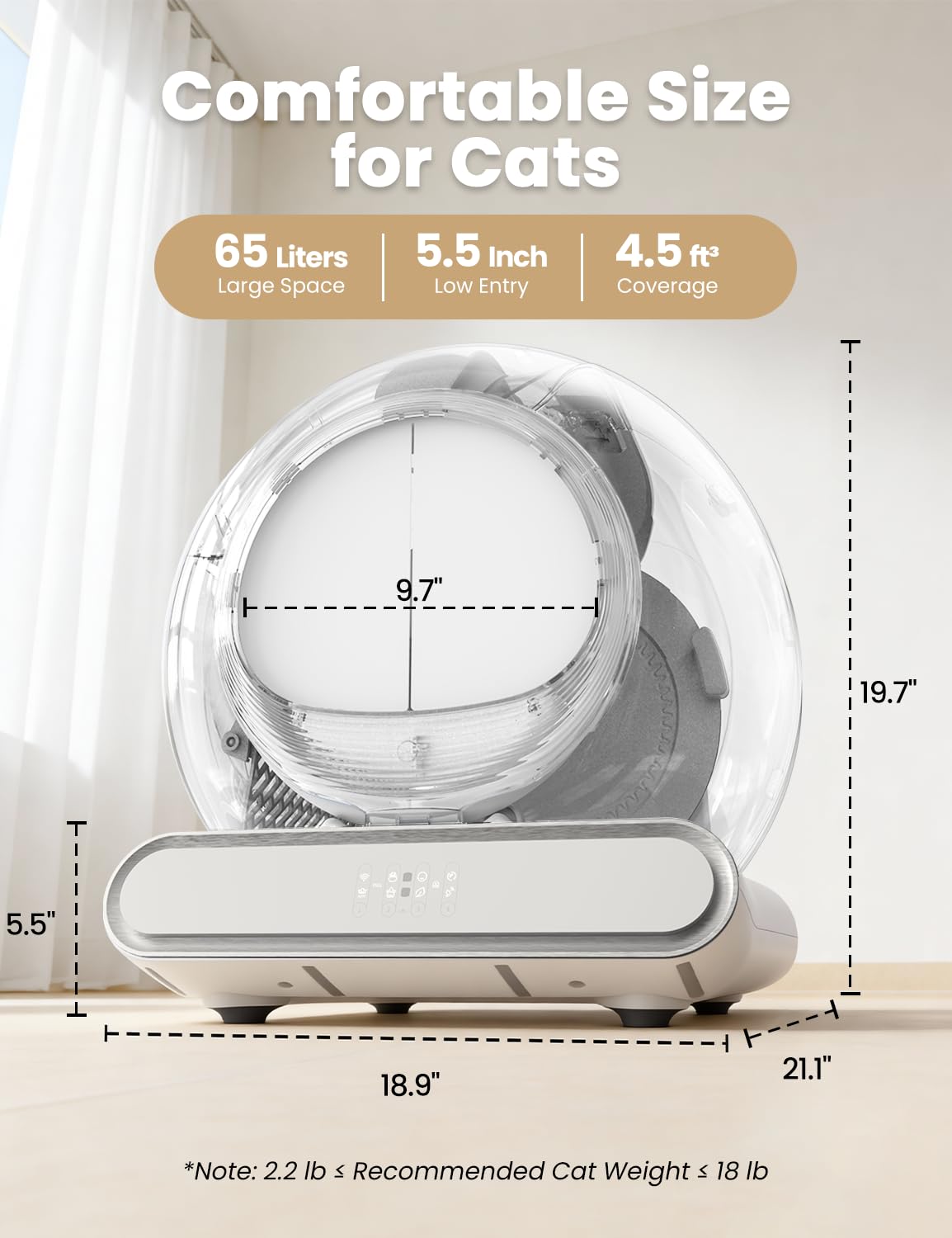 Self Cleaning Litter Box, Integrated Safety Automatic Cat Litter Box Self Cleaning 65L+9L for Multiple Cats, App Control, Odor Removal, Includes Mat & Liner (3 Rolls) - White