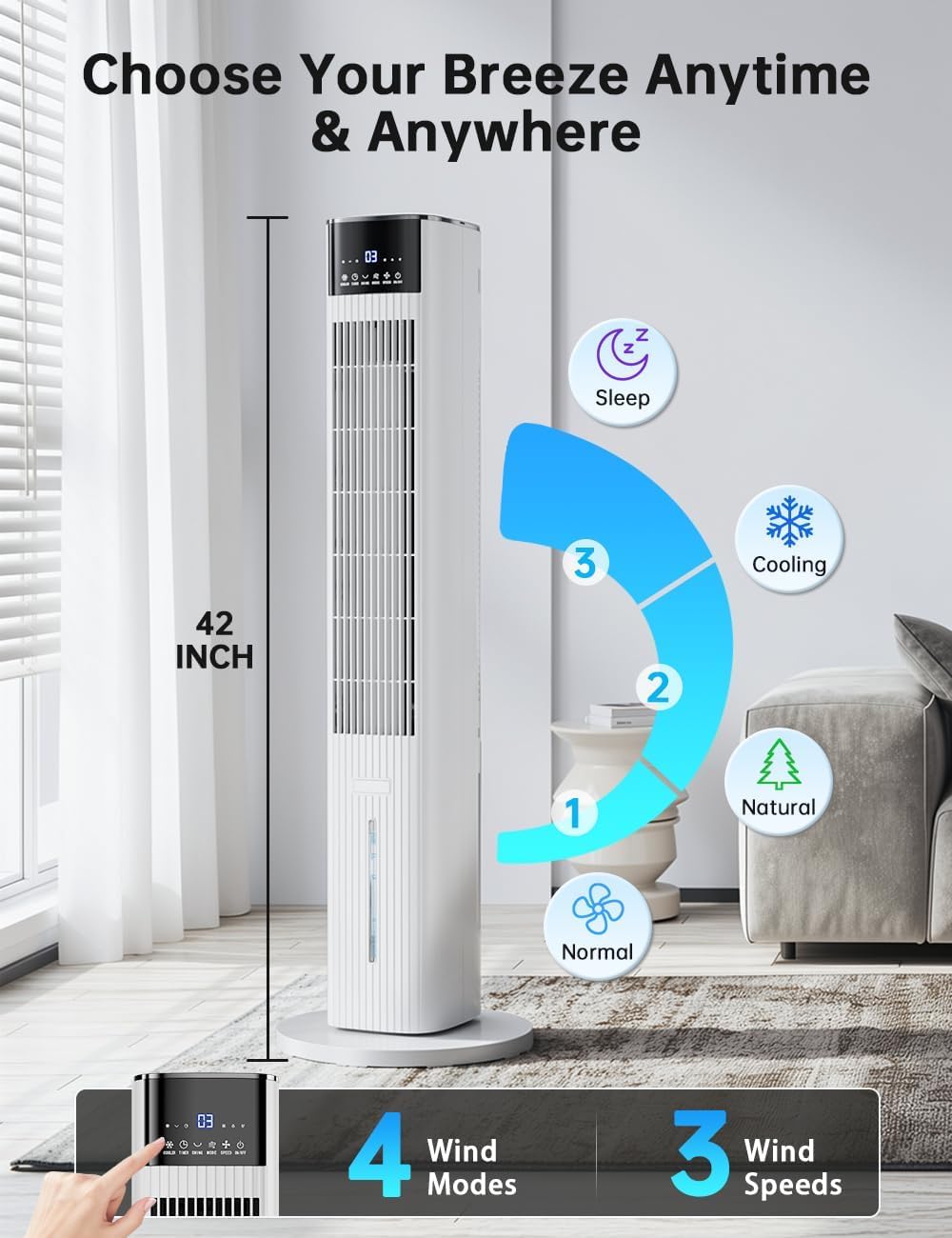 42 INCH Swamp Cooler Air Conditioner w/ 4 Modes & 3 Speeds, Aroma&Memory Function Evaporative Air Cooler, 4.2L Dual Tank, 15H Timer, 6 Ice Packs Portable Windowless Air Conditioner for Bedroom