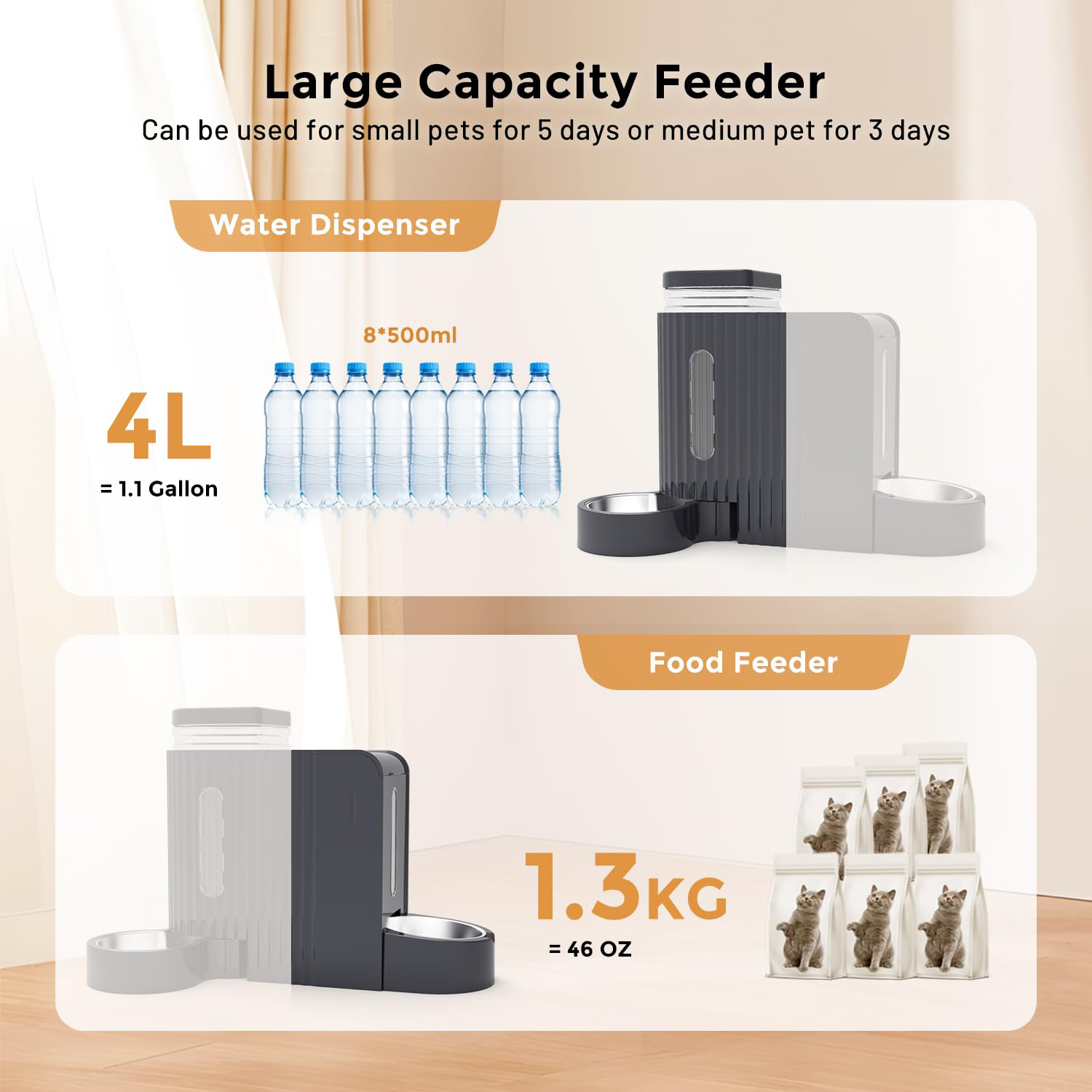 Gravity Cat Feeder and Water Dispenser with 304 Stainless Steel Bowls, 2 in 1 Automatic Cat Feeder with 180 Degree Rotatable Water Bowl, Large Capacity for Puppy Kitten Rabbits, Black