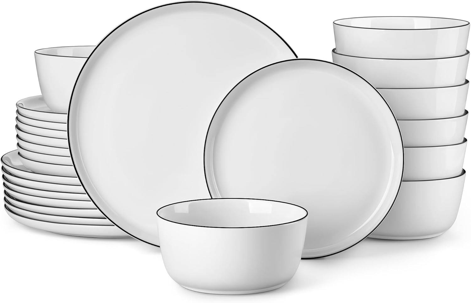 24 Pieces Gourmet Porcelain Dinnerware Sets, Premium Plates and Bowls Set, High-Fired Dishes Set for 8, Chip & Scratch Resistant, Microwave Dishwasher Safe, White & Black Rim, Series LEXI