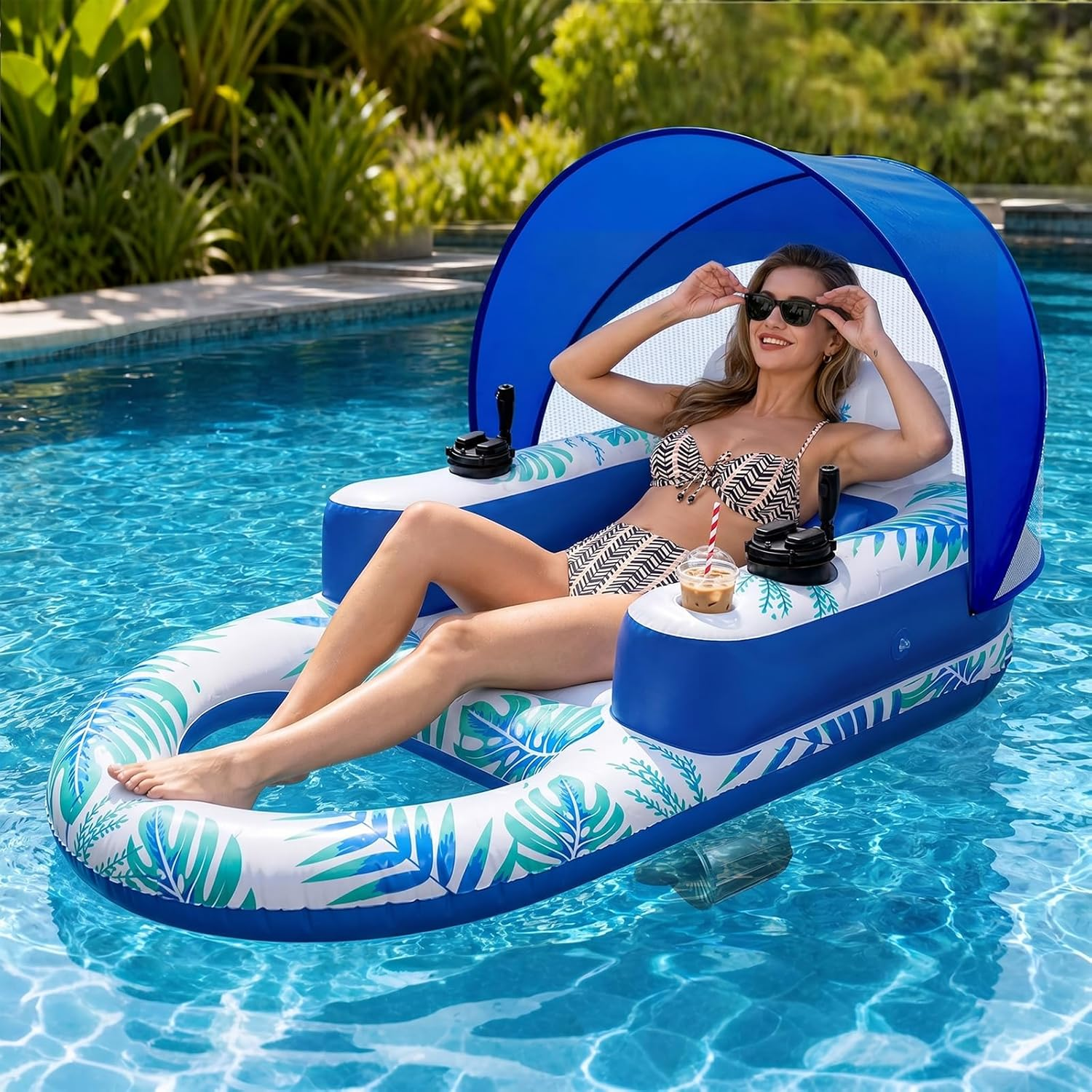 Motorized Pool Float with Canopy, Rechargeable Dual Motor Electric Lounge Raft for Pool & Lake