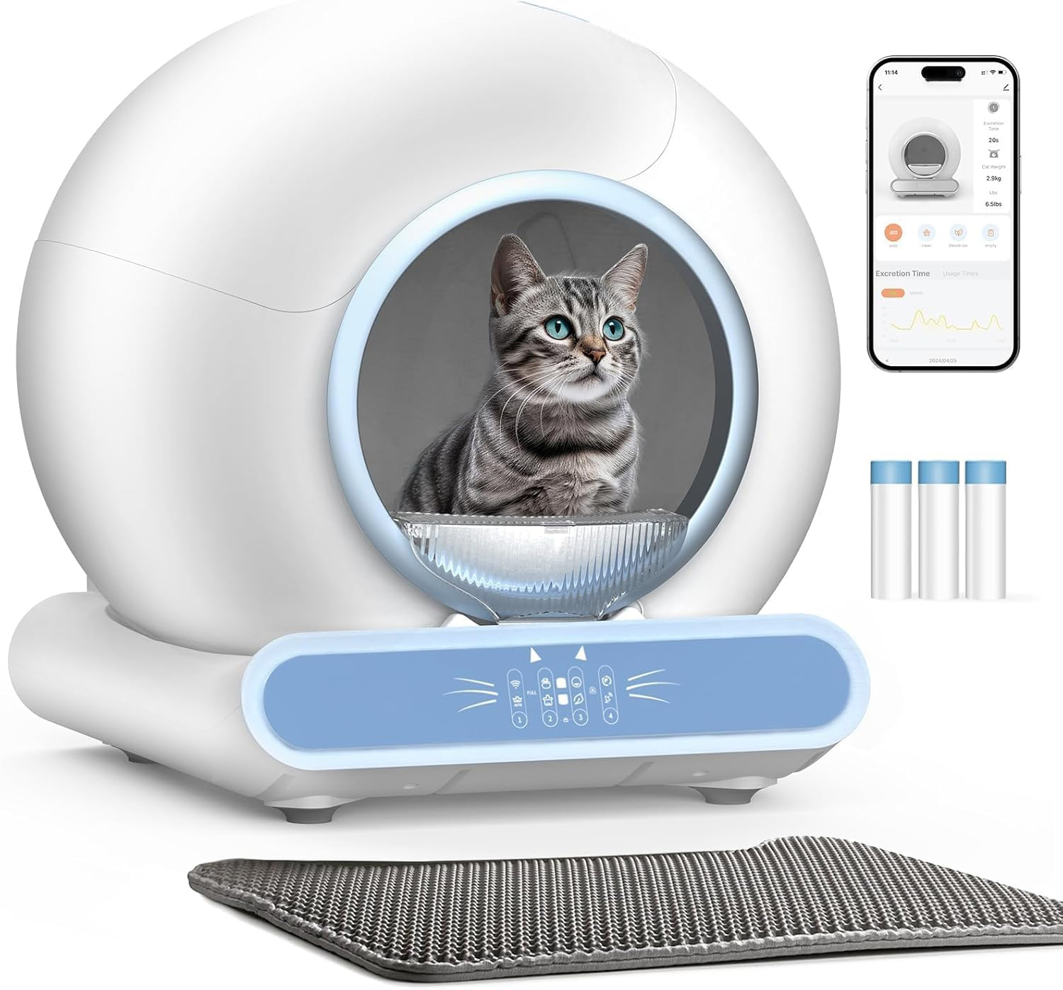 Self Cleaning Litter Box, Integrated Safety Automatic Cat Litter Box Self Cleaning 65L+9L for Multiple Cats, App Control, Odor Removal, Includes Mat & Liner (3 Rolls) - White