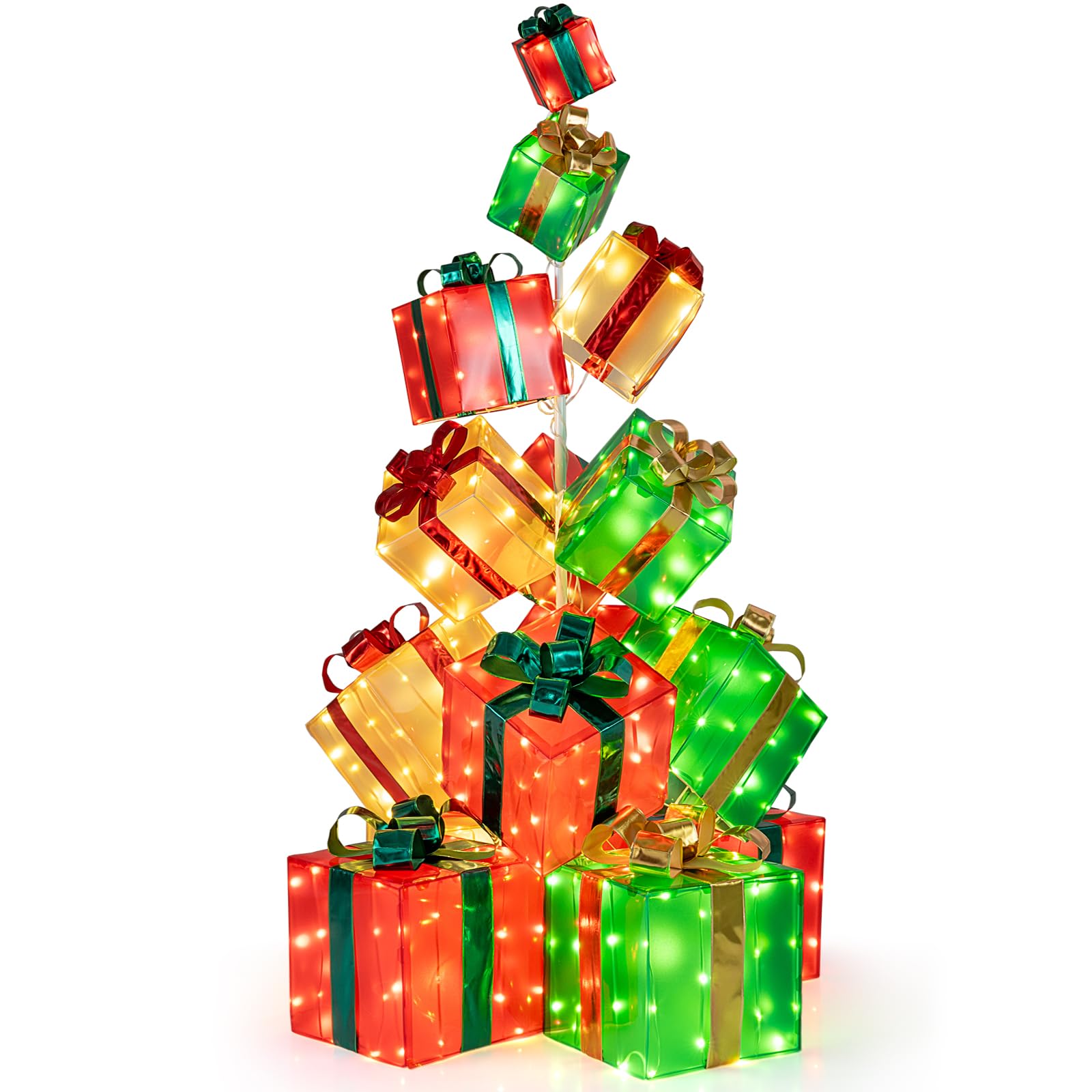 5.6 FT Christmas Lighted Gift Box Tower, 15 PCS Stacked Boxes Tree