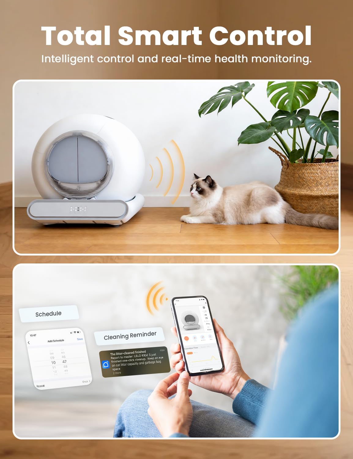 Self Cleaning Litter Box, Integrated Safety Automatic Cat Litter Box Self Cleaning 65L+9L for Multiple Cats, App Control, Odor Removal, Includes Mat & Liner (3 Rolls) - White