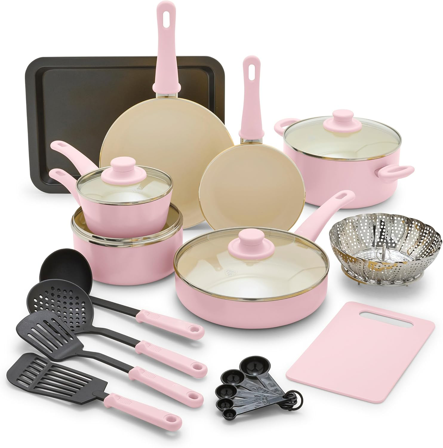 Soft Grip Healthy Ceramic Nonstick 23 Piece Kitchen Cookware Pots and Frying Sauce Saute Pans Set with Kitchen Utensils, PFAS-Free, Dishwasher Safe, Black