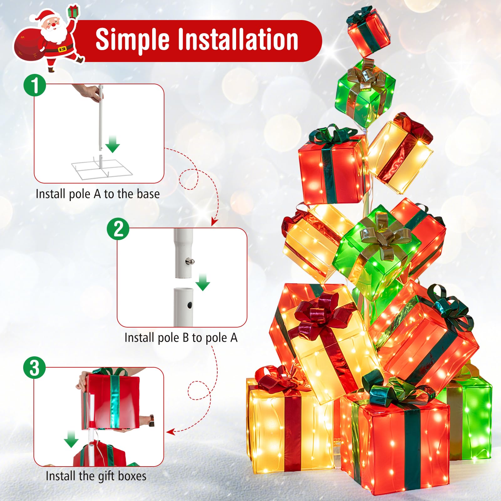 5.6 FT Christmas Lighted Gift Box Tower, 15 PCS Stacked Boxes Tree