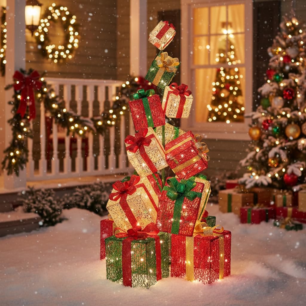 5.6 FT Christmas Lighted Gift Box Tower, 15 PCS Stacked Boxes Tree