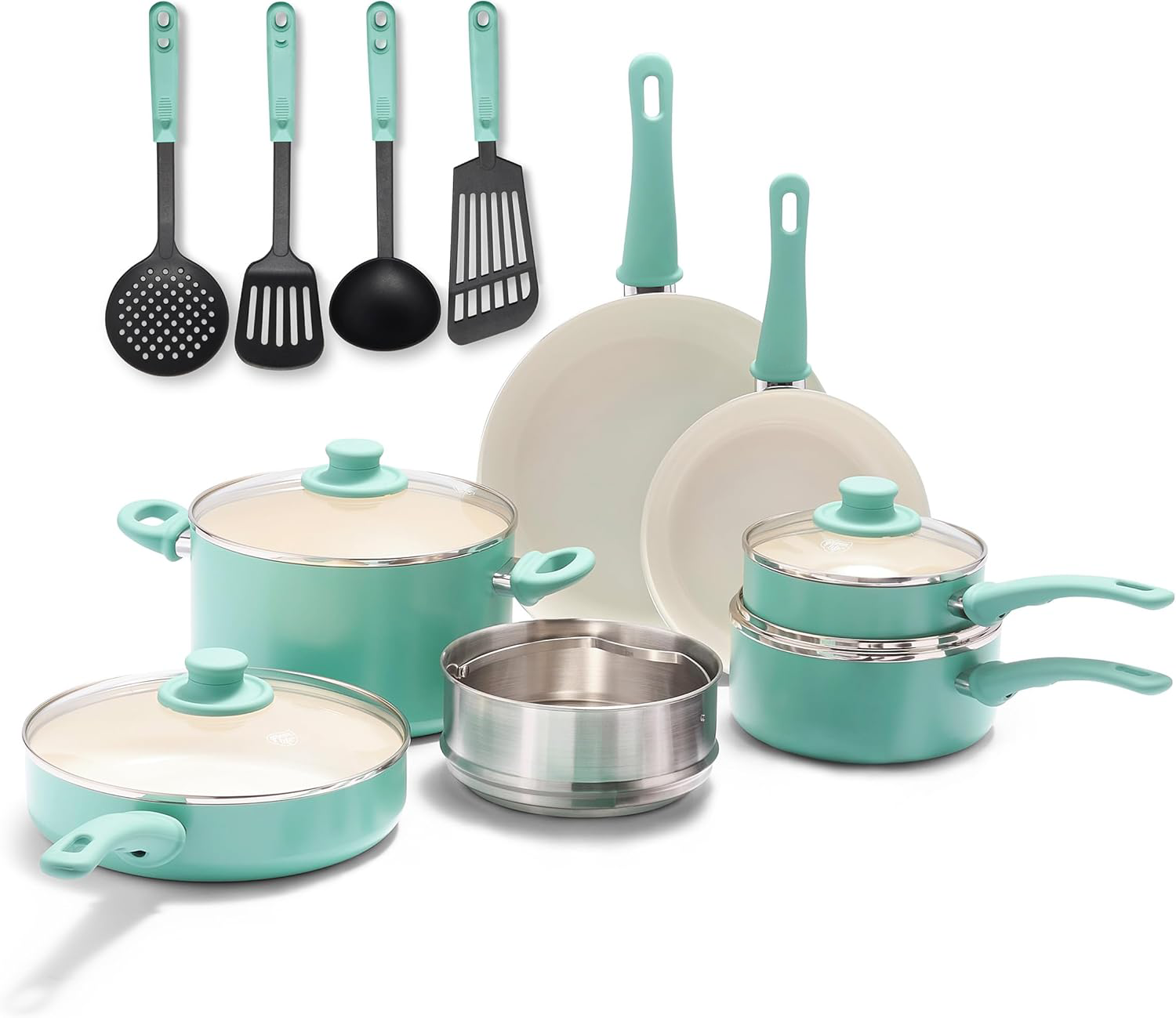 Soft Grip Healthy Ceramic Nonstick 23 Piece Kitchen Cookware Pots and Frying Sauce Saute Pans Set with Kitchen Utensils, PFAS-Free, Dishwasher Safe, Black