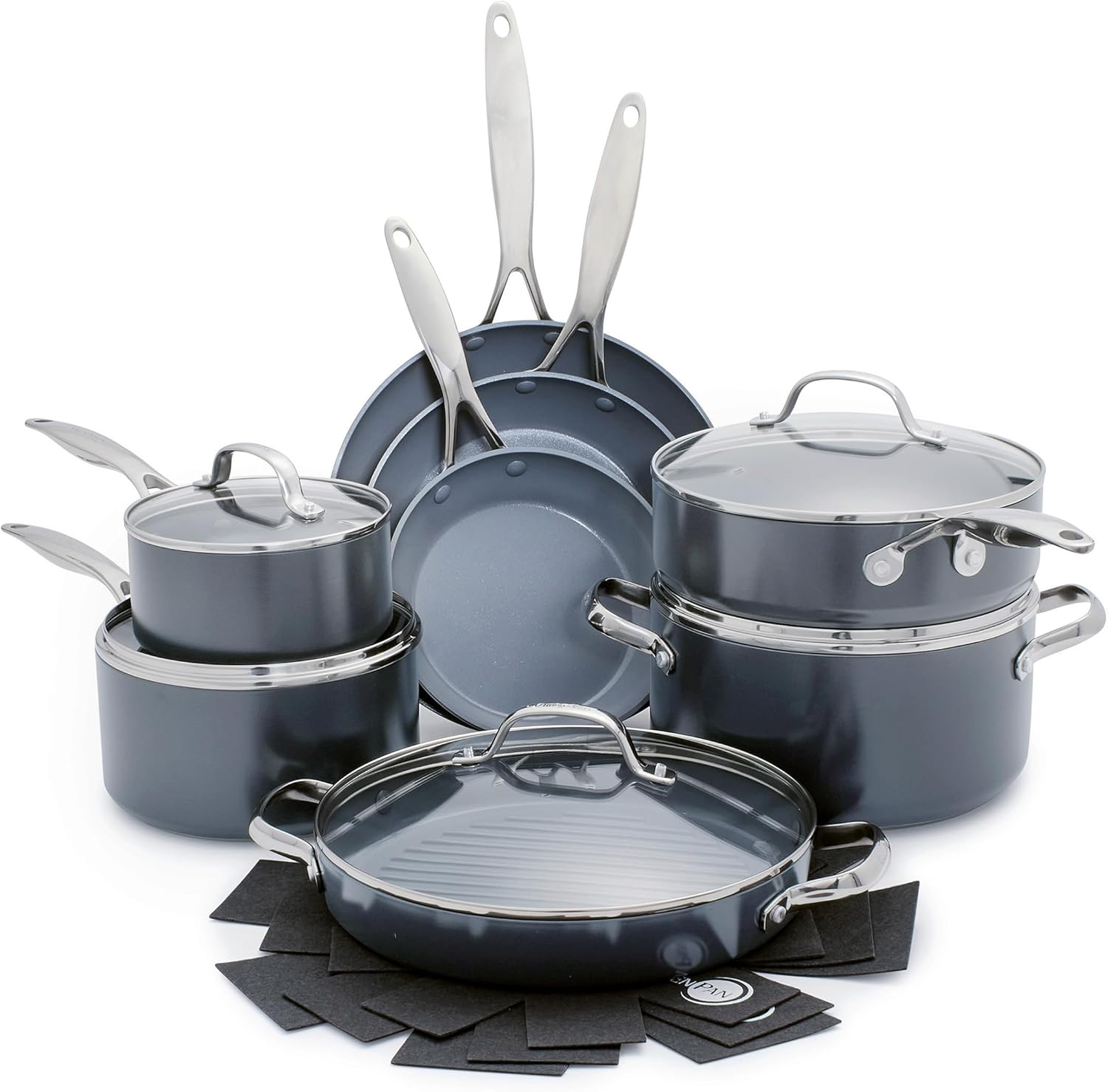 Valencia Pro Ceramic Nonstick 22 Piece Cookware Set, Hard Anodized PFAS-Free Pots & Pans, Induction Ready, Compatible on All Cooktops, Dishwasher Safe, Oven Safe to 600F, Gray