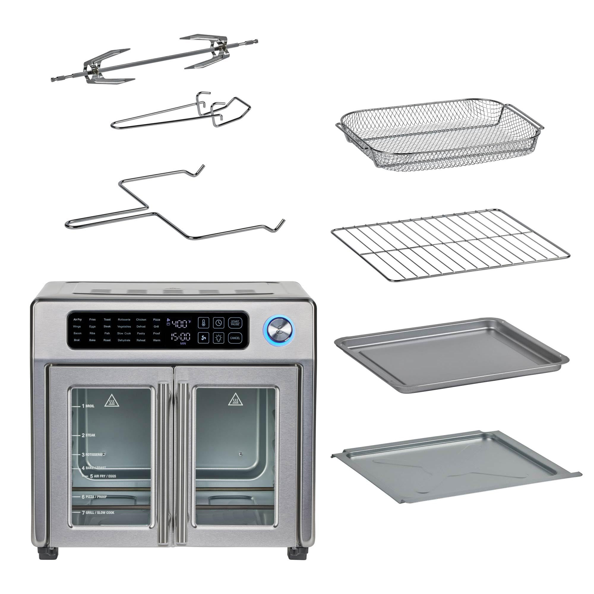 26QT French Door Multi-Function Air Fryer Toaster Oven | 26QT air fryer oven with French doors, 24 cooking functions, dual-speed fan and rotisserie for easy family meals.