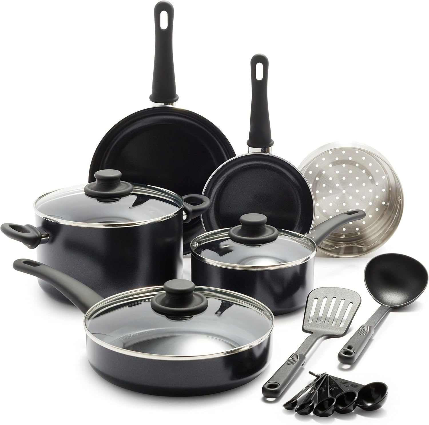 Soft Grip Healthy Ceramic Nonstick 23 Piece Kitchen Cookware Pots and Frying Sauce Saute Pans Set with Kitchen Utensils, PFAS-Free, Dishwasher Safe, Black