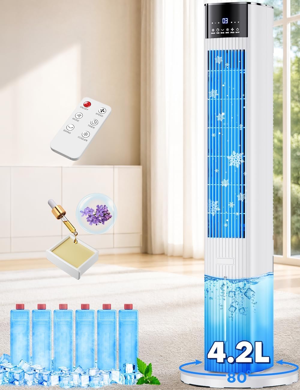 42 INCH Swamp Cooler Air Conditioner w/ 4 Modes & 3 Speeds, Aroma&Memory Function Evaporative Air Cooler, 4.2L Dual Tank, 15H Timer, 6 Ice Packs Portable Windowless Air Conditioner for Bedroom