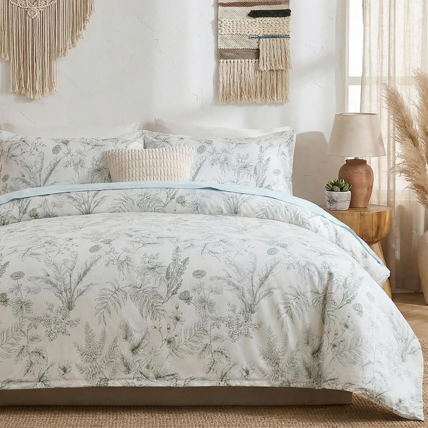 100% Cotton Duvet Cover Queen Size, Black and White Leaf Pattern Bedding Set with Zipper Closure, 3 Pcs Breathable and Soft Floral Duvet Cover for All Season