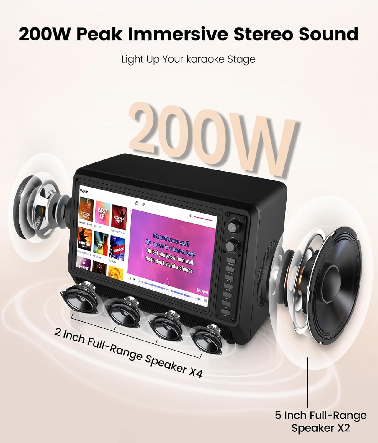 15.6 inch Smart Karaoke Machine for Adults with Lyrics Display, 200W Peak Power,Bluetooth Karaoke Speaker with 2 Microphones,Supports HDMI/USB/AUX Bluetooth Karaoke Machine for Home Party Camping