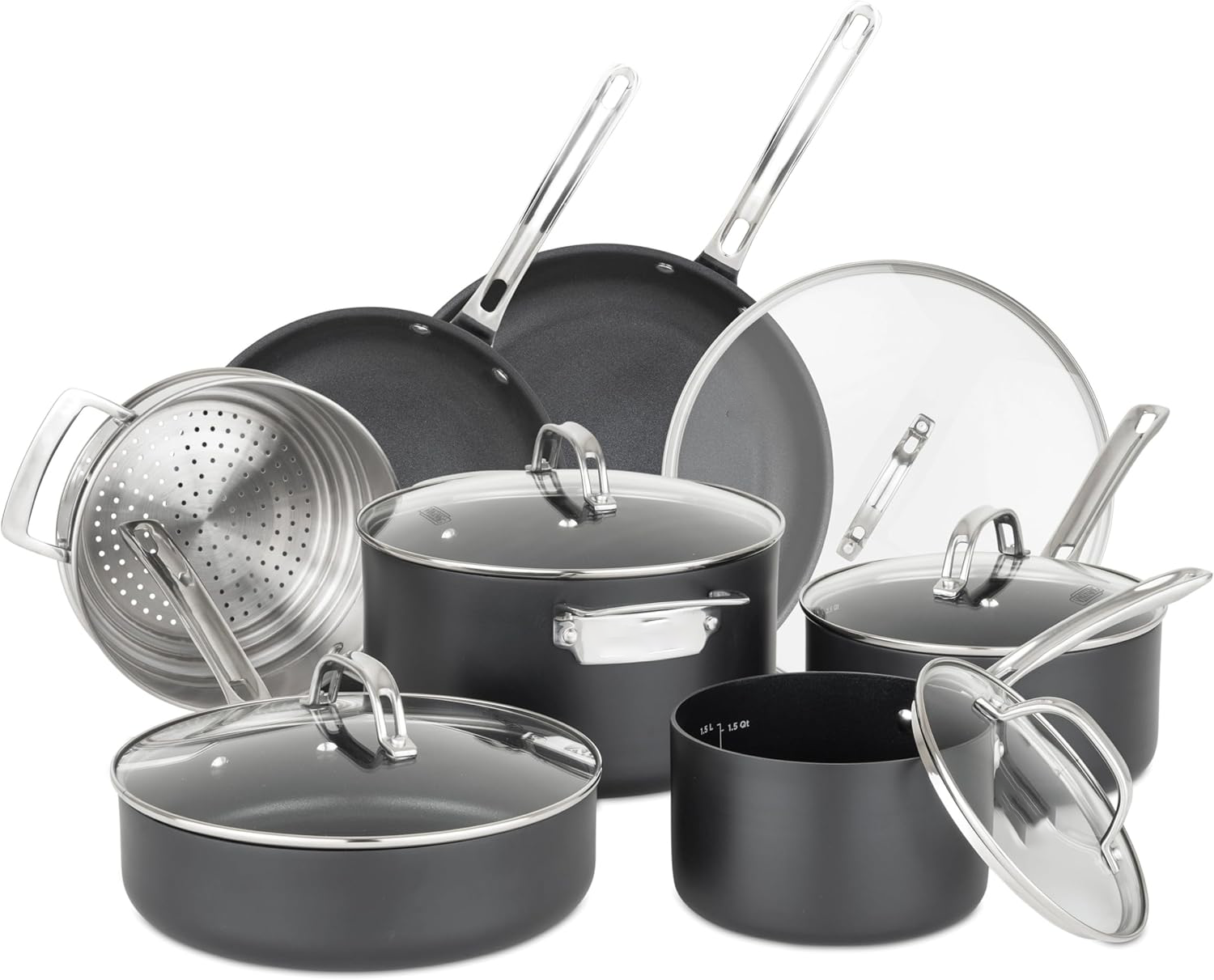 Cookware Set, 12 Piece Hard Anodized Ceramic Nonstick Kitchen Cookware with Glass Lids, Made without PFAS, Oven Safe, Induction Ready
