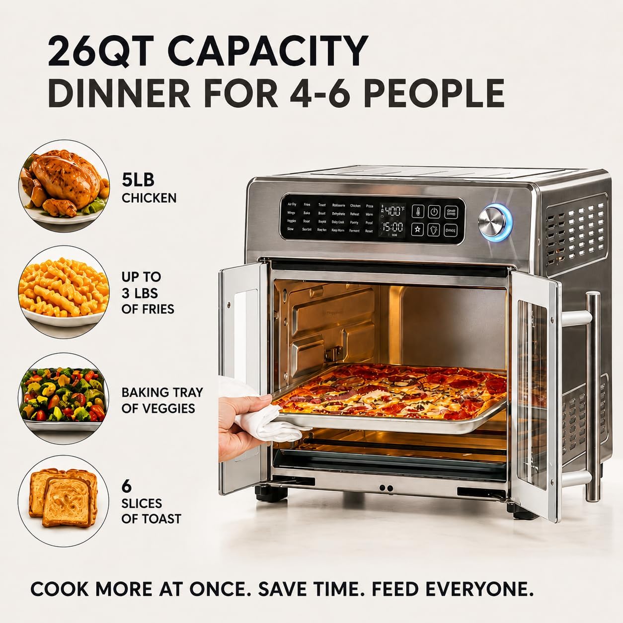 26QT French Door Multi-Function Air Fryer Toaster Oven | 26QT air fryer oven with French doors, 24 cooking functions, dual-speed fan and rotisserie for easy family meals.