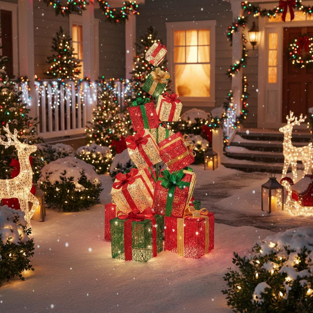 5.6 FT Christmas Lighted Gift Box Tower, 15 PCS Stacked Boxes Tree