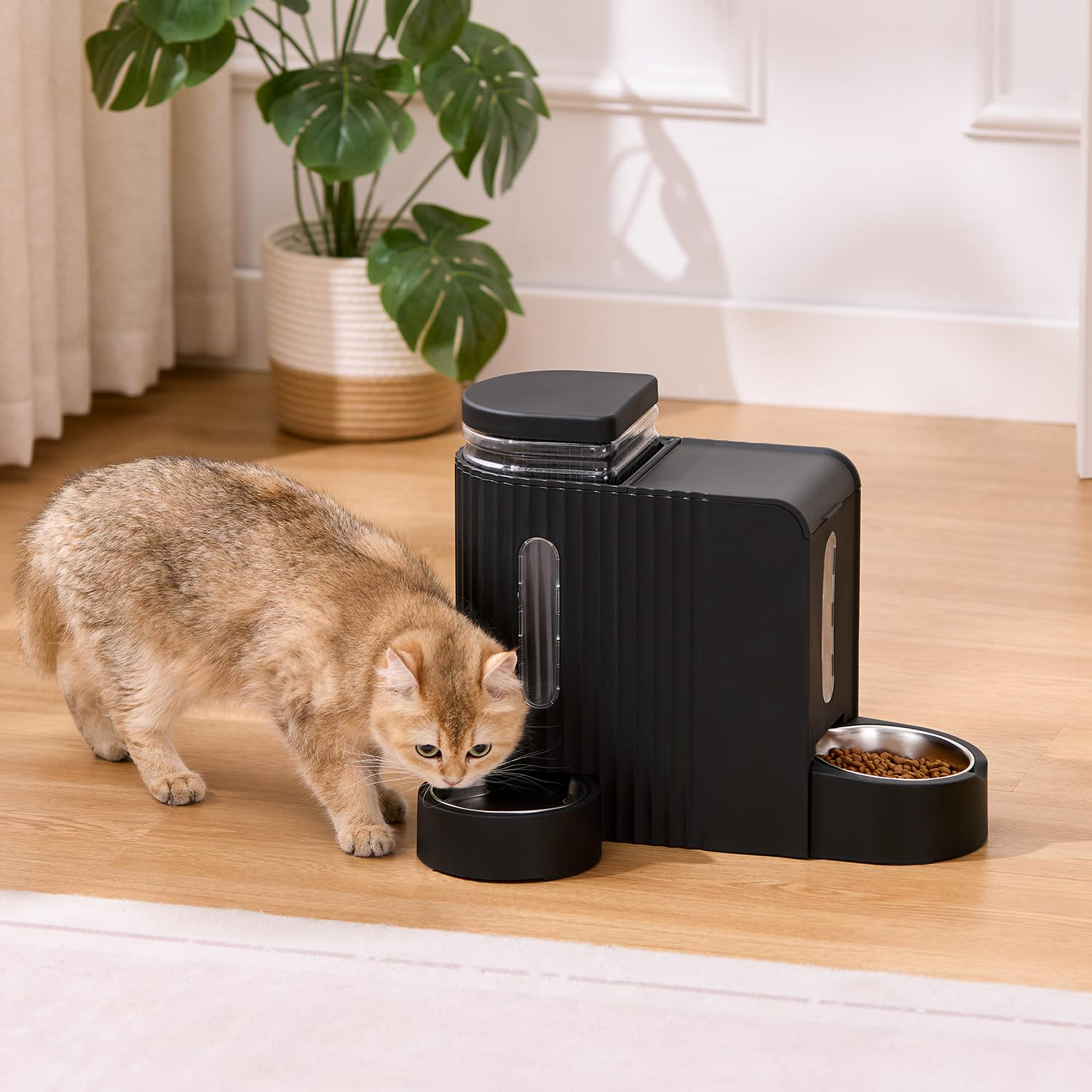 Gravity Cat Feeder and Water Dispenser with 304 Stainless Steel Bowls, 2 in 1 Automatic Cat Feeder with 180 Degree Rotatable Water Bowl, Large Capacity for Puppy Kitten Rabbits, Black