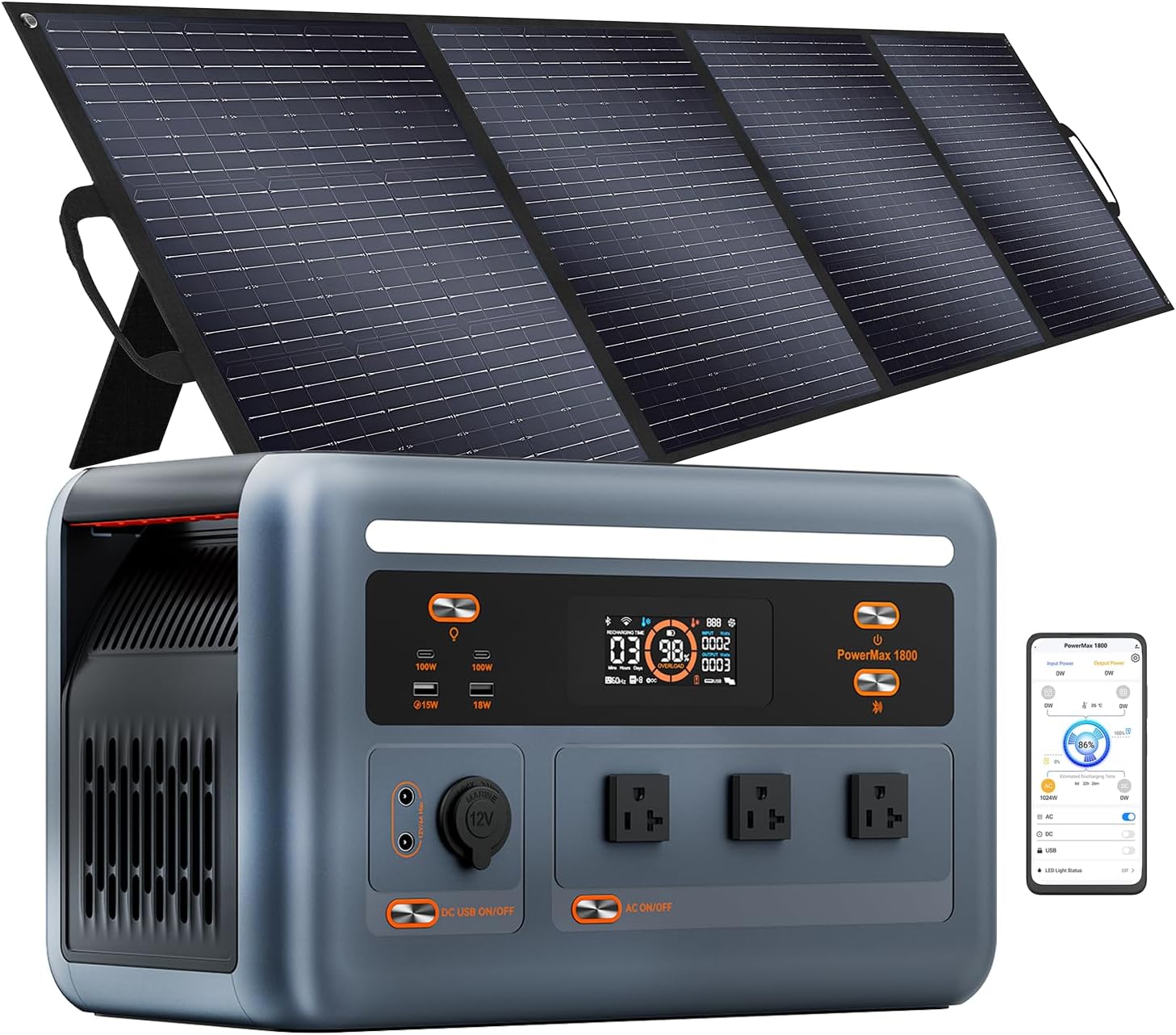 1800W Solar Power Station PowerMax 1800SE with 3×100W Solar panels, 1024Wh Expandable LiFePO4 Battery Generator with 3×1800W AC Outlets (3600W Peak), 800W AC Charging & 800W Solar Charging, APP
