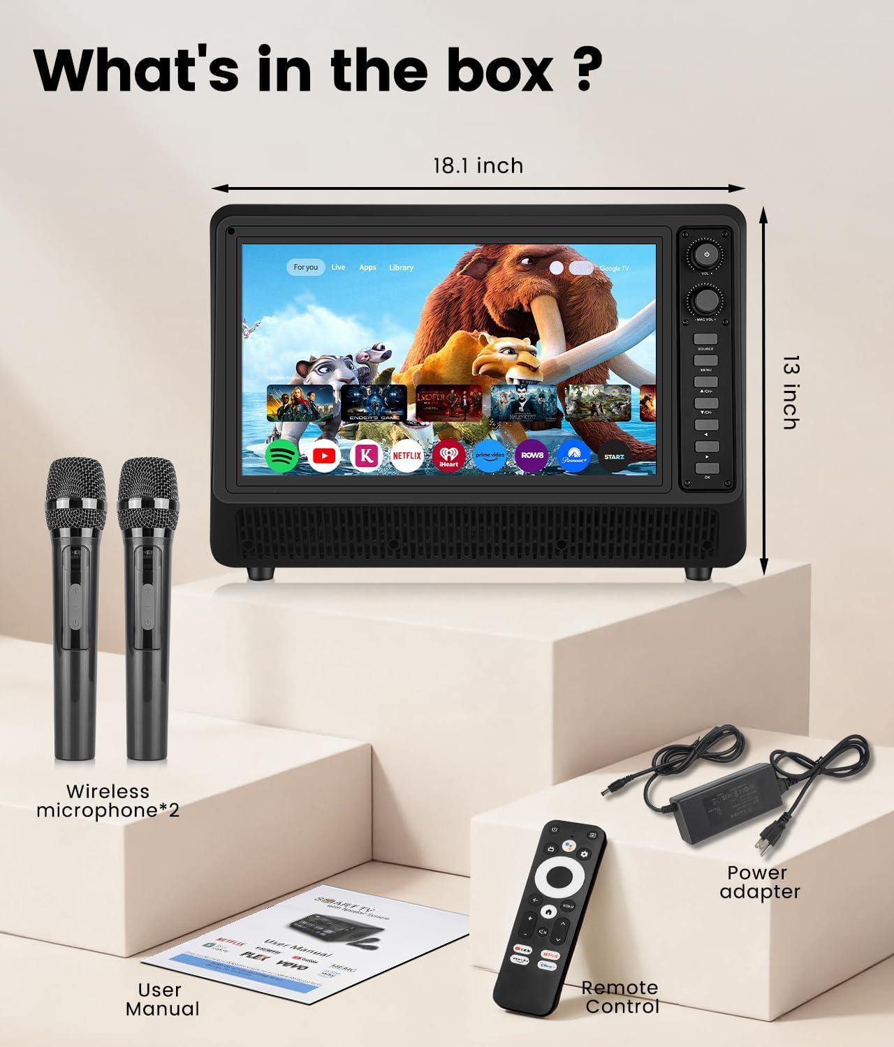 15.6 inch Smart Karaoke Machine for Adults with Lyrics Display, 200W Peak Power,Bluetooth Karaoke Speaker with 2 Microphones,Supports HDMI/USB/AUX Bluetooth Karaoke Machine for Home Party Camping