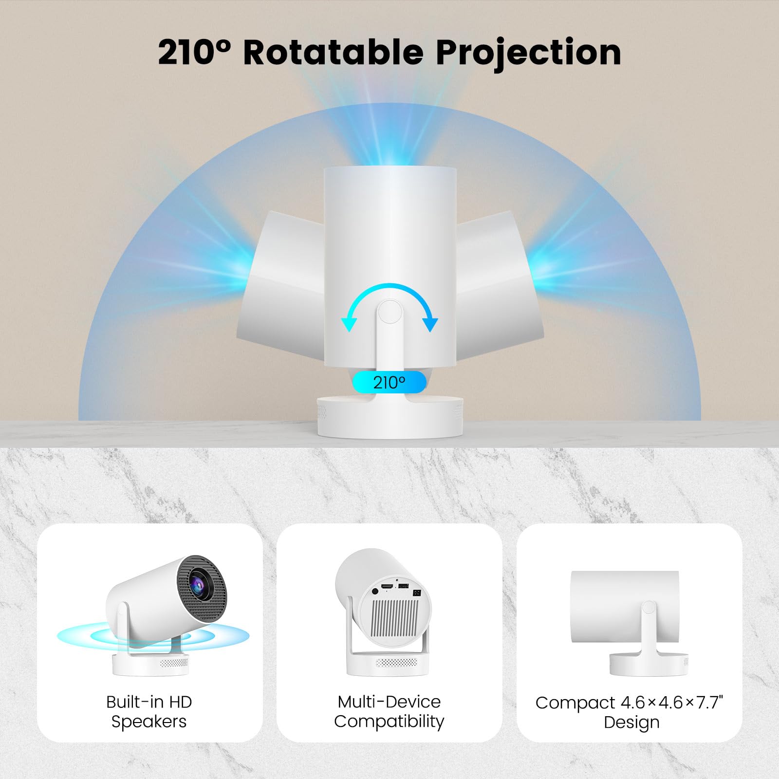 Smart Portable 4K Projector with 210° Rotation & Android 11