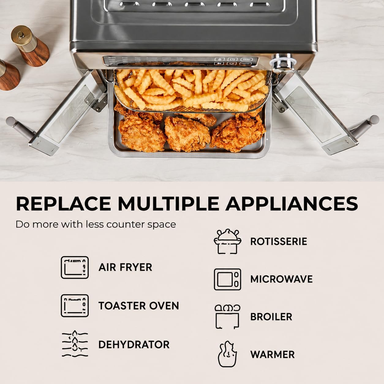 26QT French Door Multi-Function Air Fryer Toaster Oven | 26QT air fryer oven with French doors, 24 cooking functions, dual-speed fan and rotisserie for easy family meals.