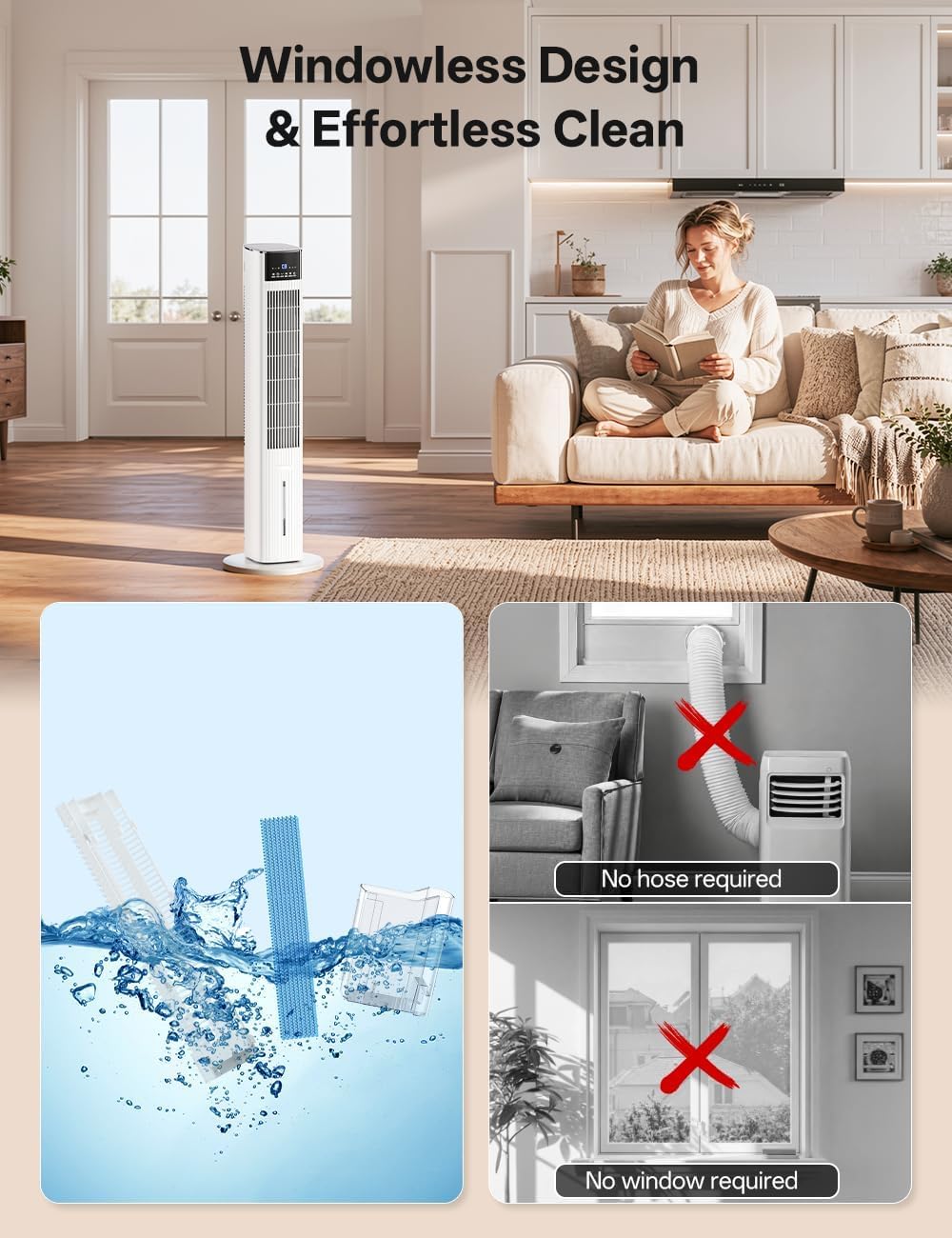 42 INCH Swamp Cooler Air Conditioner w/ 4 Modes & 3 Speeds, Aroma&Memory Function Evaporative Air Cooler, 4.2L Dual Tank, 15H Timer, 6 Ice Packs Portable Windowless Air Conditioner for Bedroom