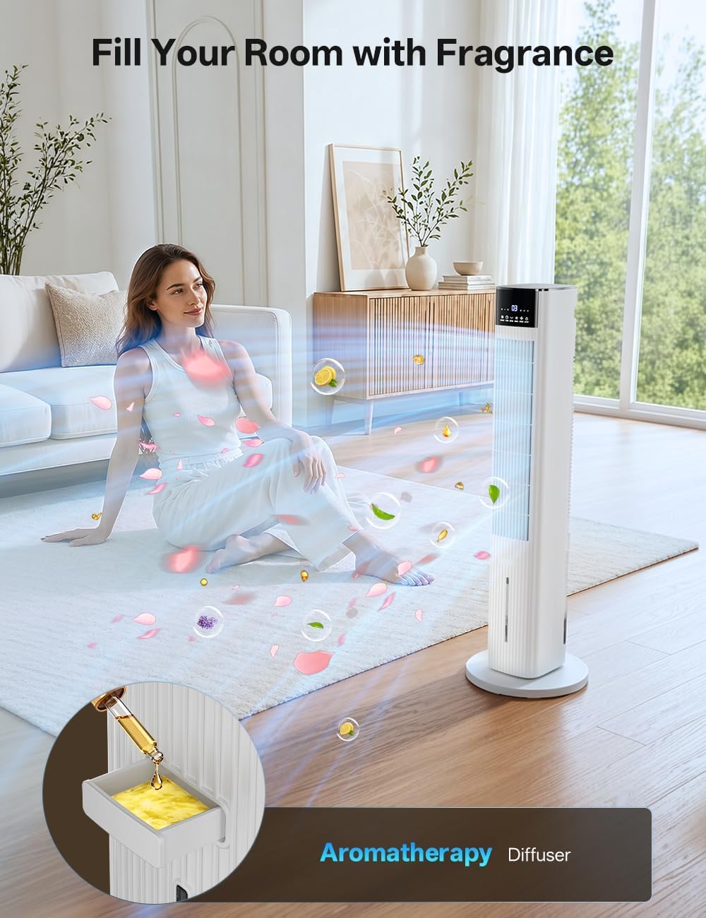 42 INCH Swamp Cooler Air Conditioner w/ 4 Modes & 3 Speeds, Aroma&Memory Function Evaporative Air Cooler, 4.2L Dual Tank, 15H Timer, 6 Ice Packs Portable Windowless Air Conditioner for Bedroom