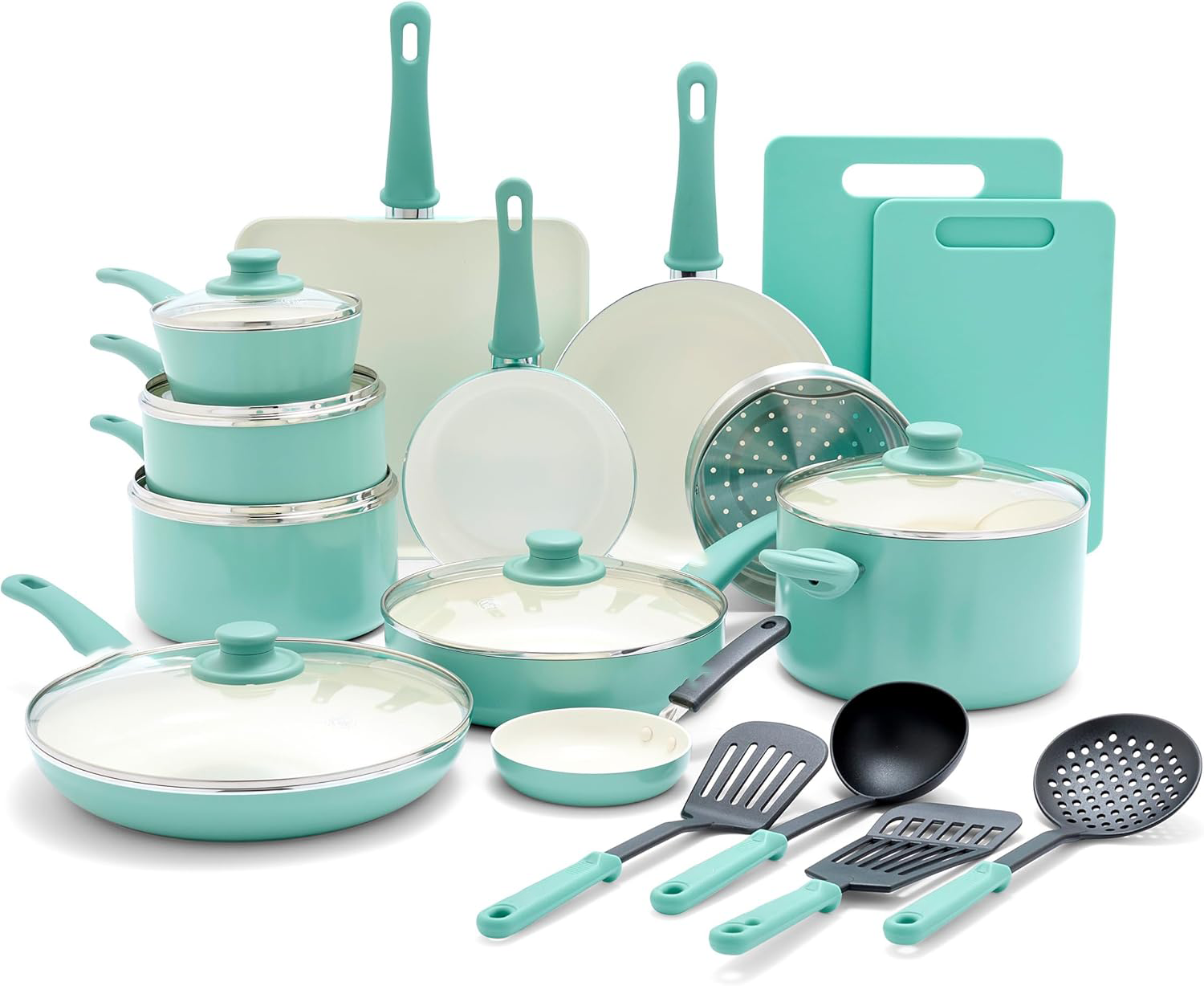Soft Grip Healthy Ceramic Nonstick 23 Piece Kitchen Cookware Pots and Frying Sauce Saute Pans Set with Kitchen Utensils, PFAS-Free, Dishwasher Safe, Black