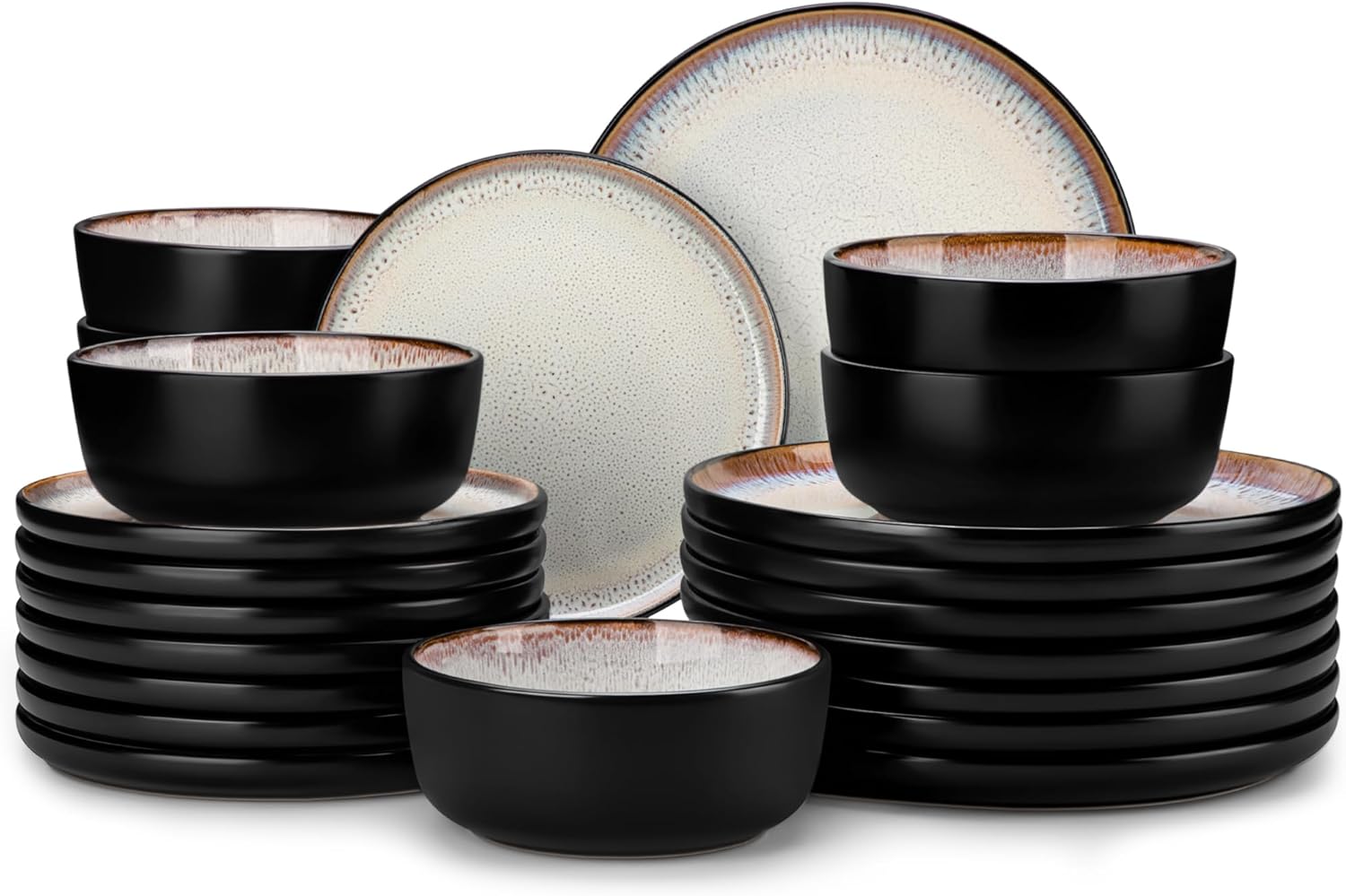 24-Piece Stoneware Dinnerware Set for 8 – Cream Plates & Bowls, Microwave & Dishwasher Safe, AMBER Series