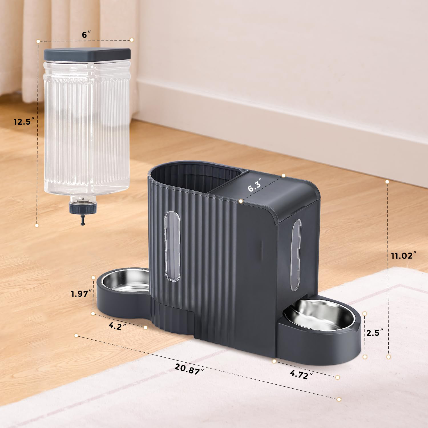 Gravity Cat Feeder and Water Dispenser with 304 Stainless Steel Bowls, 2 in 1 Automatic Cat Feeder with 180 Degree Rotatable Water Bowl, Large Capacity for Puppy Kitten Rabbits, Black