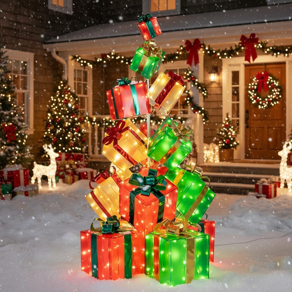 5.6 FT Christmas Lighted Gift Box Tower, 15 PCS Stacked Boxes Tree