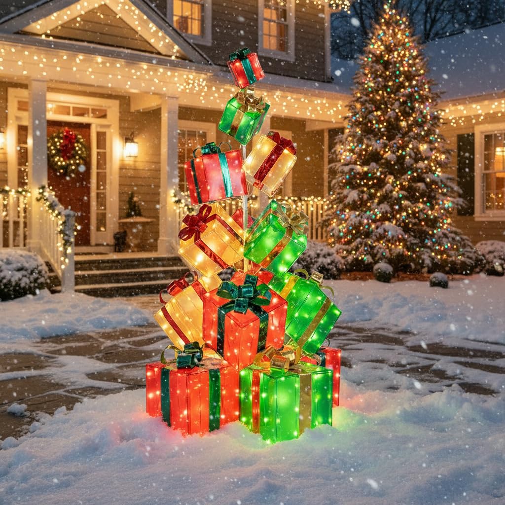 5.6 FT Christmas Lighted Gift Box Tower, 15 PCS Stacked Boxes Tree