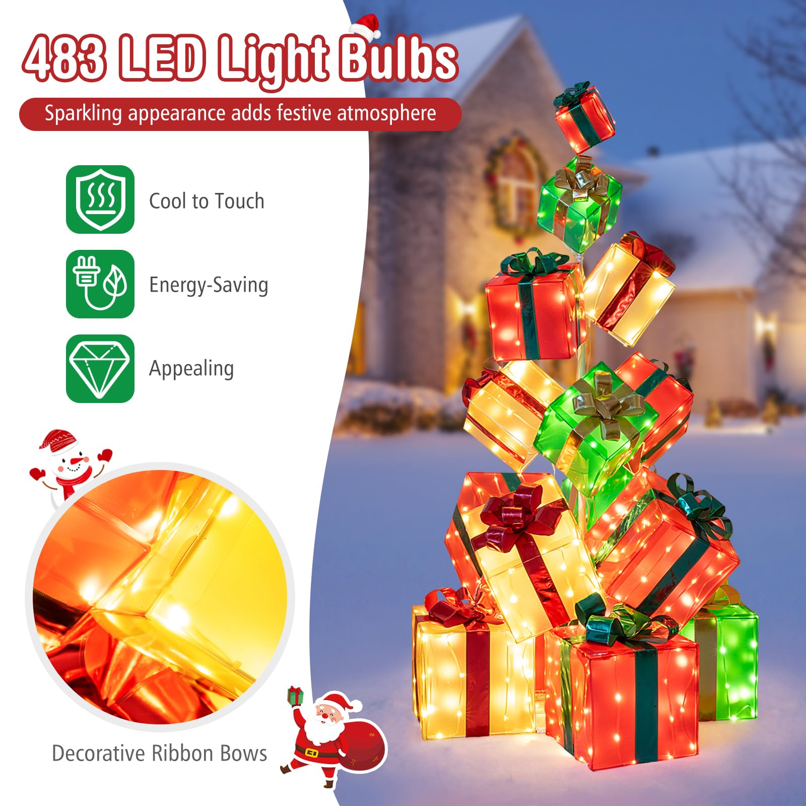 5.6 FT Christmas Lighted Gift Box Tower, 15 PCS Stacked Boxes Tree