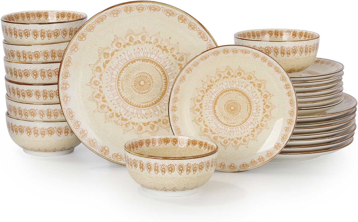24 Piece Dinnerware Sets for 8, Porcelain Plates and Bowls Set for Kitchen, Housewaring Gift, Chip and Scratch Resistant, Easy Cleaning Dishes Set, Stack Compactly Dishware, Bohemian