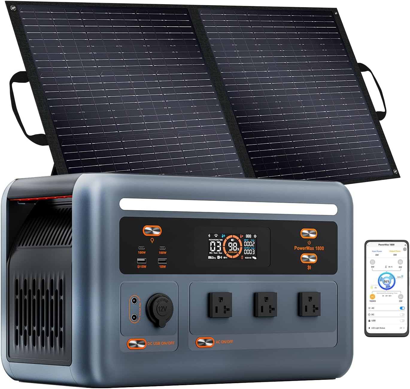 1800W Solar Power Station PowerMax 1800SE with 3×100W Solar panels, 1024Wh Expandable LiFePO4 Battery Generator with 3×1800W AC Outlets (3600W Peak), 800W AC Charging & 800W Solar Charging, APP