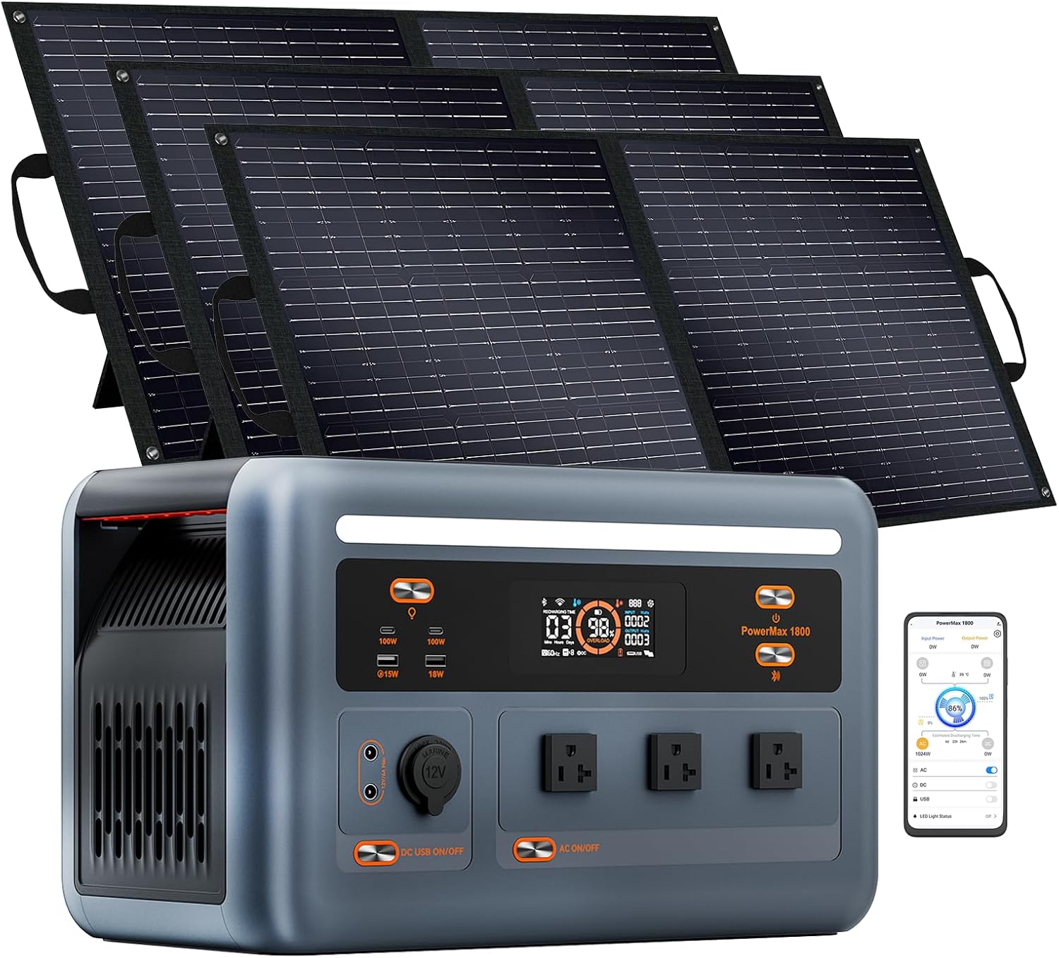 1800W Solar Power Station PowerMax 1800SE with 3×100W Solar panels, 1024Wh Expandable LiFePO4 Battery Generator with 3×1800W AC Outlets (3600W Peak), 800W AC Charging & 800W Solar Charging, APP