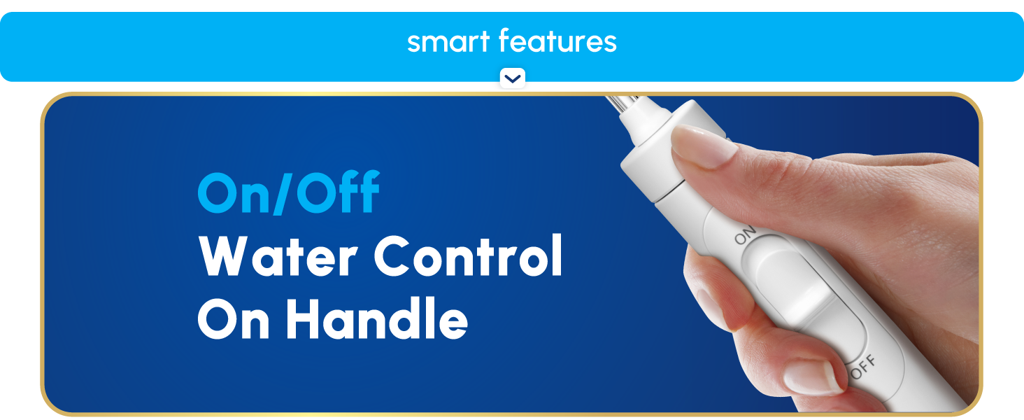 Image of Waterpik flosser with text reading on off water control on handle.