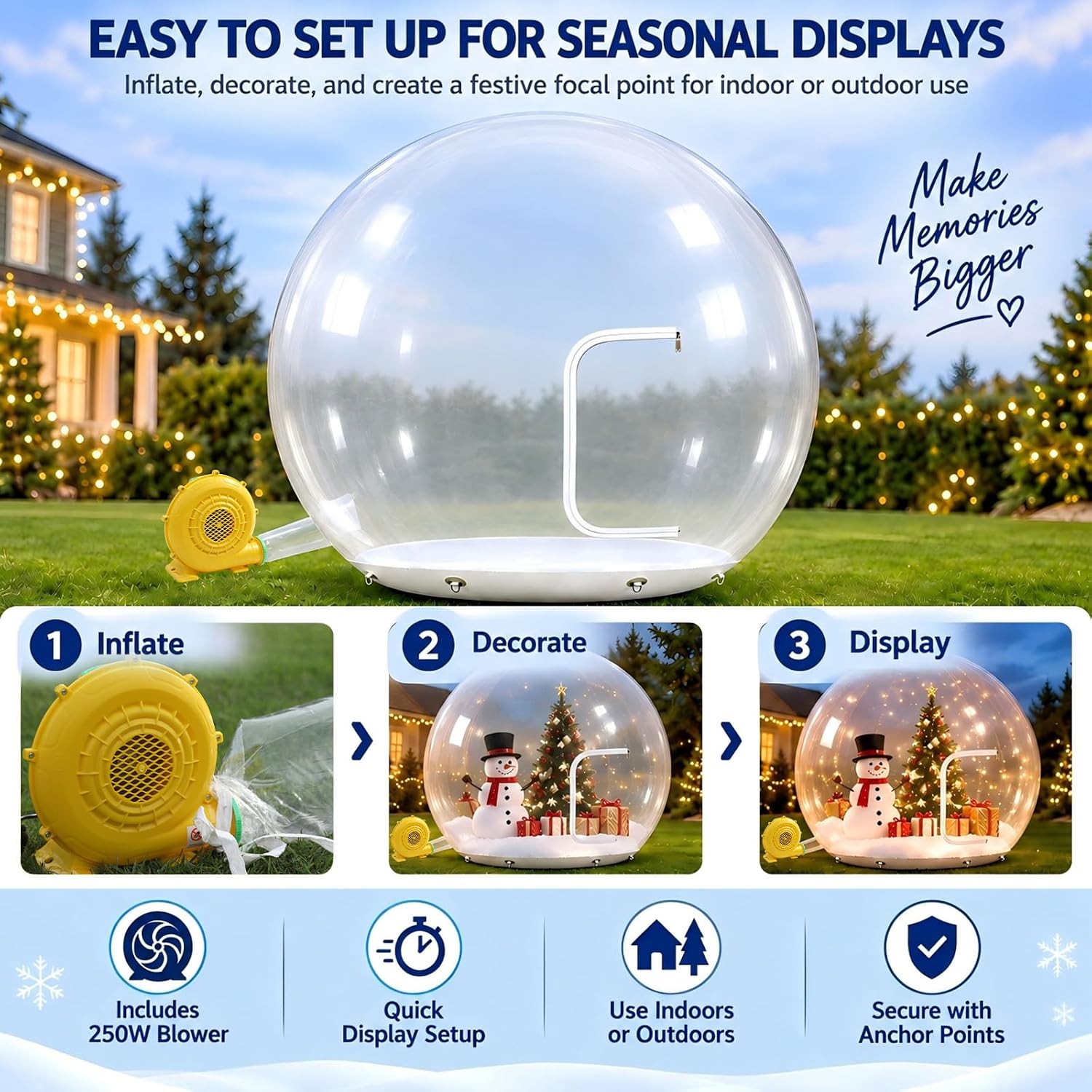 10FT Giant Inflatable Snow Globe, Clear PVC Christmas Dome with 250W Blower