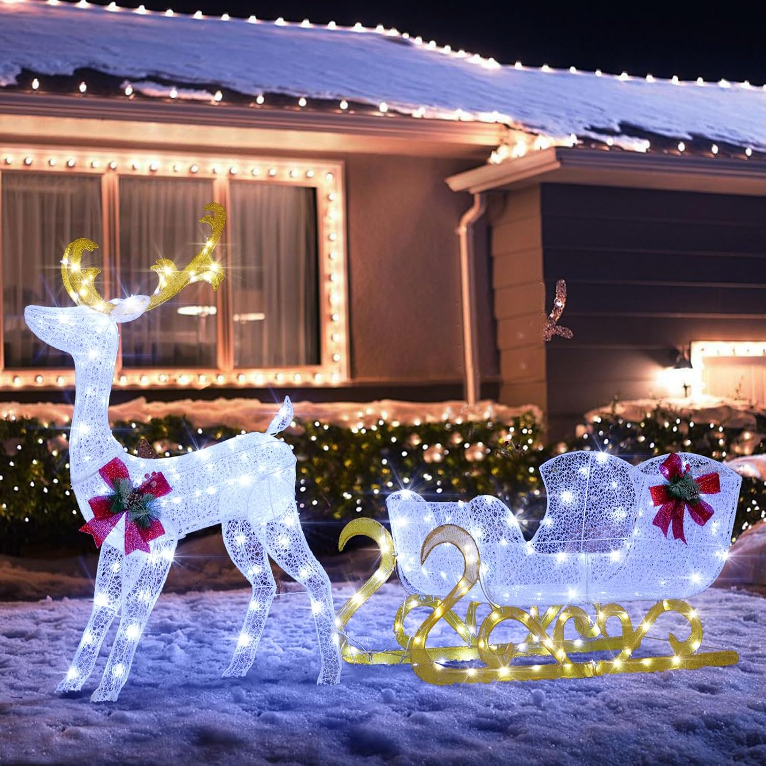3-Piece Christmas Lighted Reindeer & Sleigh Set, Gold
