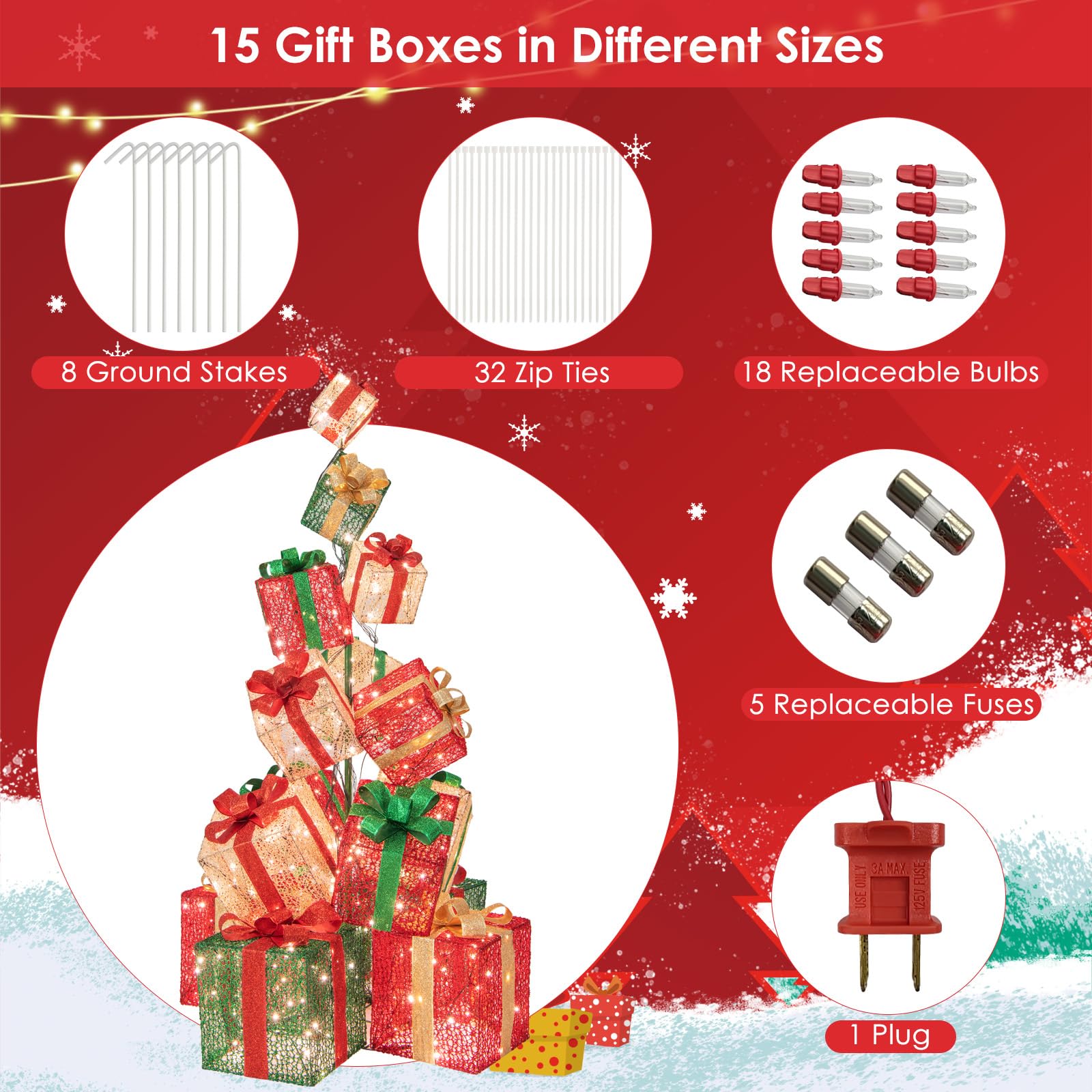 5.6 FT Christmas Lighted Gift Box Tower, 15 PCS Stacked Boxes Tree