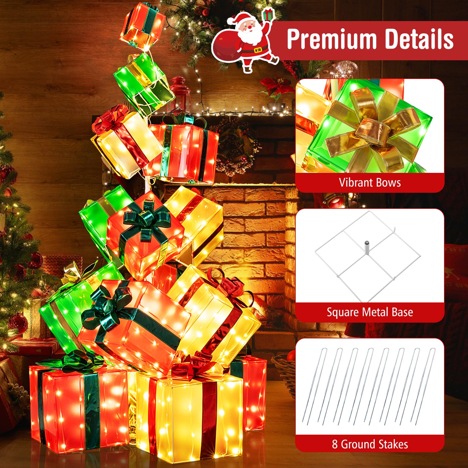 5.6 FT Christmas Lighted Gift Box Tower, 15 PCS Stacked Boxes Tree