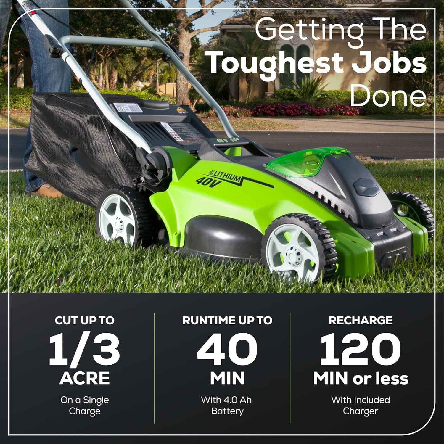 40V 16" (Push) Cordless Lawn Mower (1/3 Acre) + 12" String Trimmer + Leaf Blower, 4.0Ah + 2.0Ah Batteries and (2) Chargers Included