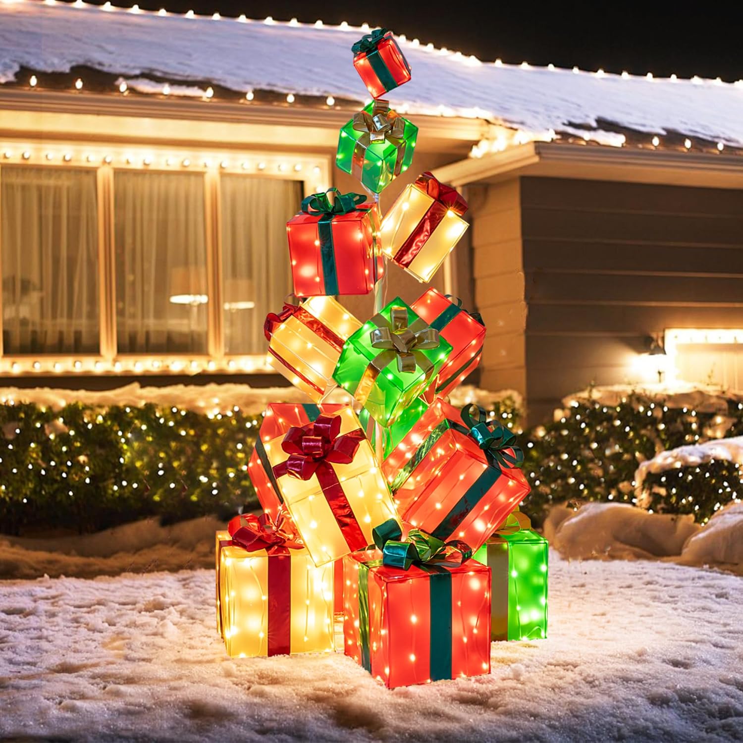 5.6 FT Christmas Lighted Gift Box Tower, 15 PCS Stacked Boxes Tree