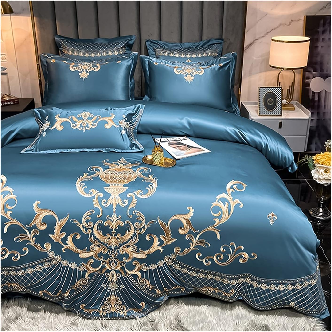 Luxurious European Style 100% Cotton 4Pcs Bedding Set, Queen King Duvet Cover with Fitted Sheet and Pillowcases