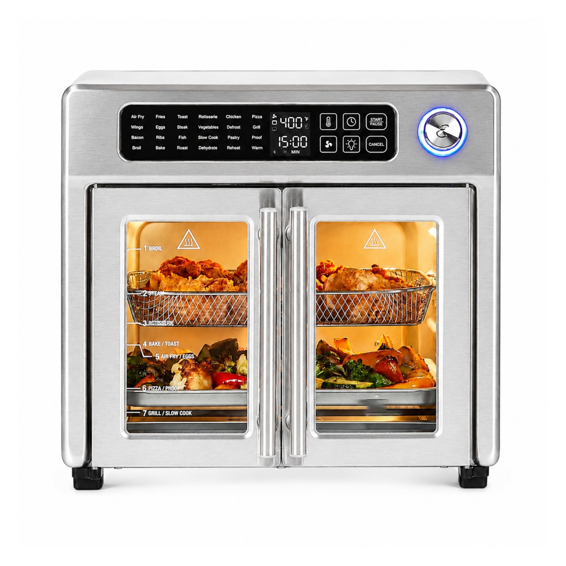 26QT French Door Multi-Function Air Fryer Toaster Oven | 26QT air fryer oven with French doors, 24 cooking functions, dual-speed fan and rotisserie for easy family meals.