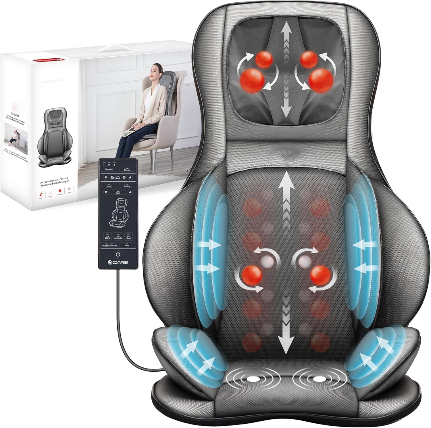 Massager Chair with Heat, Shiatsu Neck Back Massager Portable with Compression & Rolling,Massage Chair Pad for Neck & Back for Muscle Tension Relief